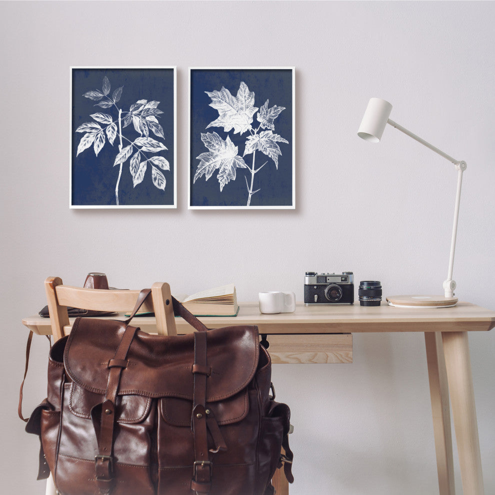 Maple Leaf Elm Stem Vintage Blue White Illustration,2pc, each 11 x 14
