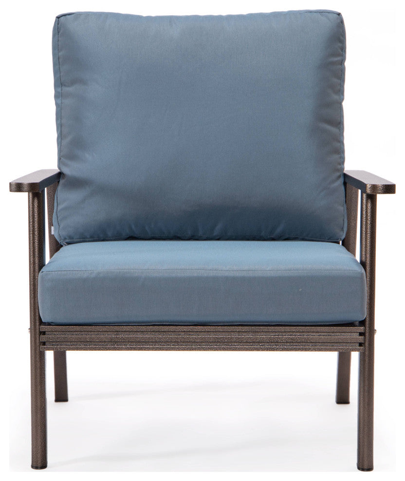 LeisureMod Walbrooke 3-Piece Patio Set With Brown Aluminum Frame and Cushions, Navy Blue