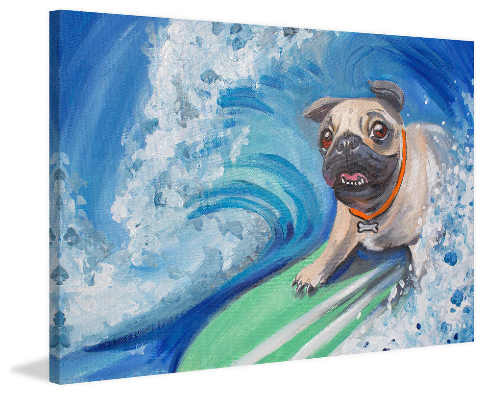 "Surfing Pug" Painting Print on Wrapped Canvas, 24"x16"