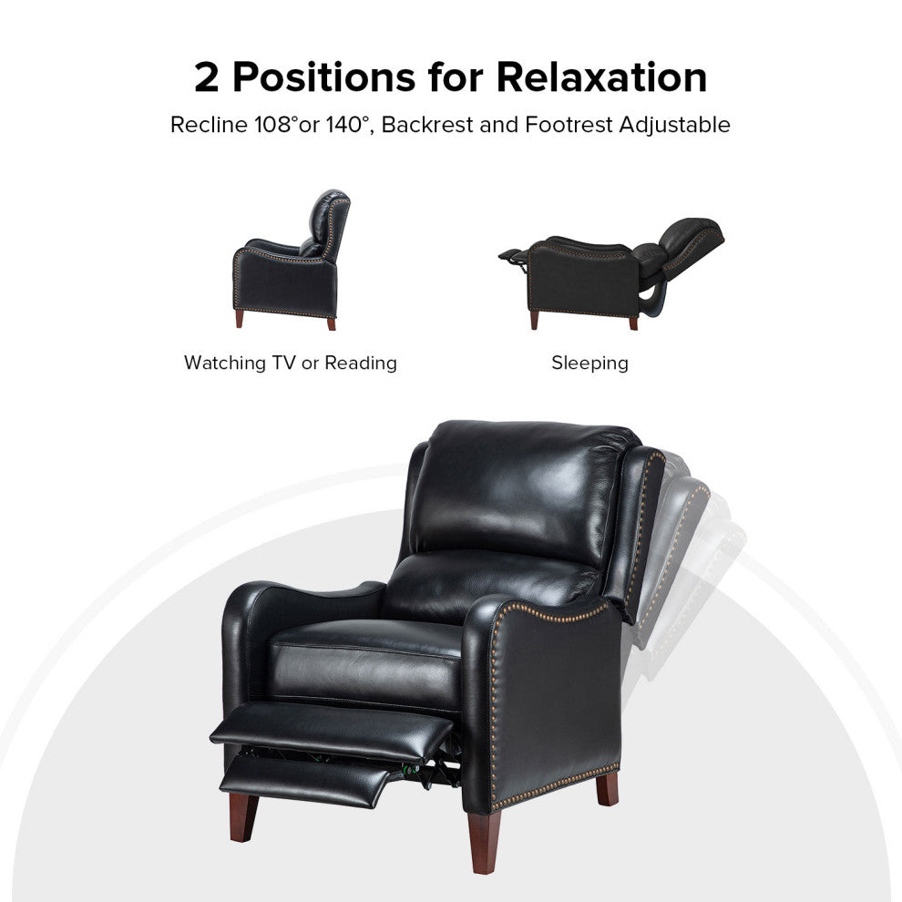 Genuine Leather Recliner With Nailhead Trim Set of 2, Black