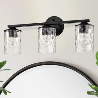 3-Light 21 in. Matte Black Vanity Light With Hammered Clear Glass Shades