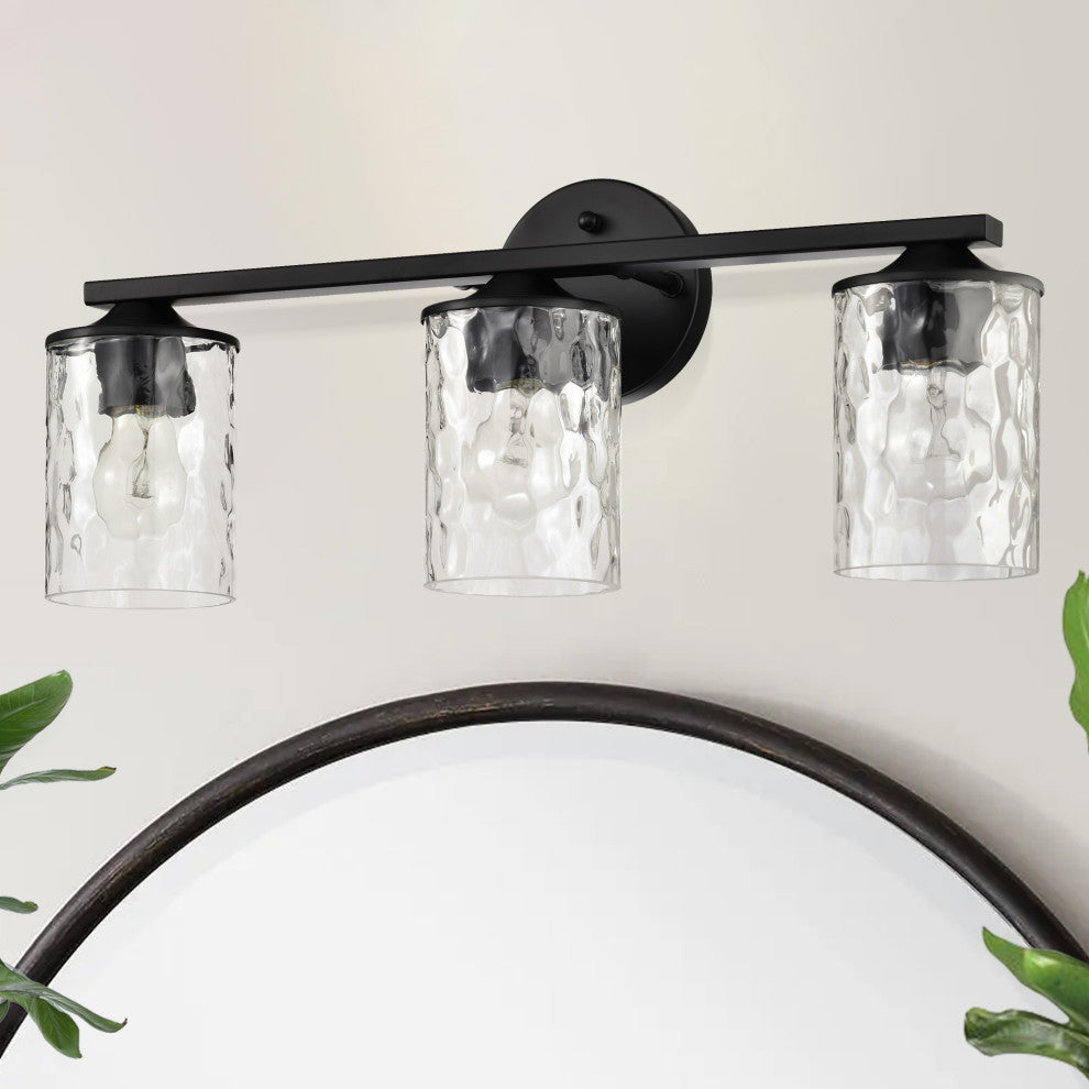 3-Light 21 in. Matte Black Vanity Light With Hammered Clear Glass Shades