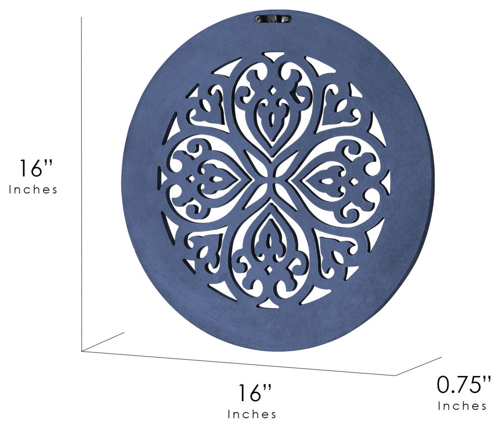 Distressed Wood Framed Round Navy Blue Wall Accent Medallion Art - 16"