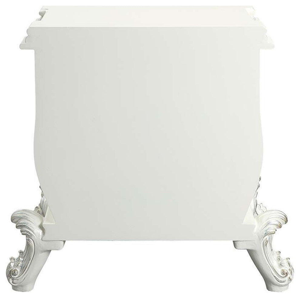 Benzara BM262125 Nightstand With Ornate Floral Accent & 3 Drawers, Antique White