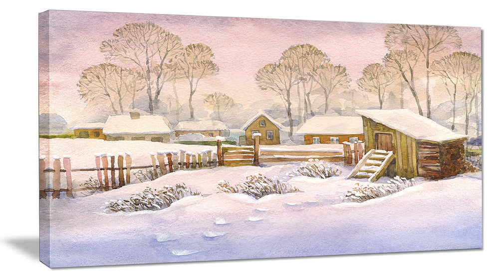 "Old Winter Village" Landscape Watercolor Canvas Print, 32"x16"