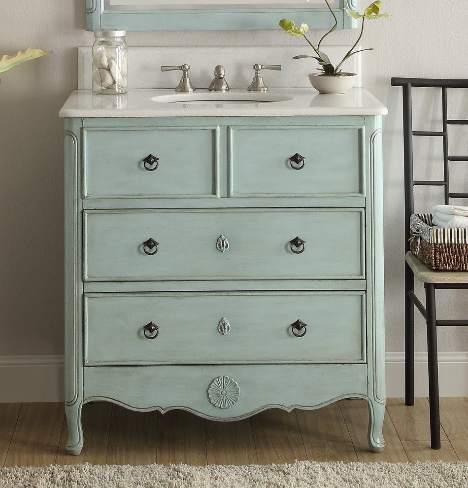 34 Inch Distressed Light Blue Daleville Cottage Style Bathroom Sink Vanity, With Backsplash