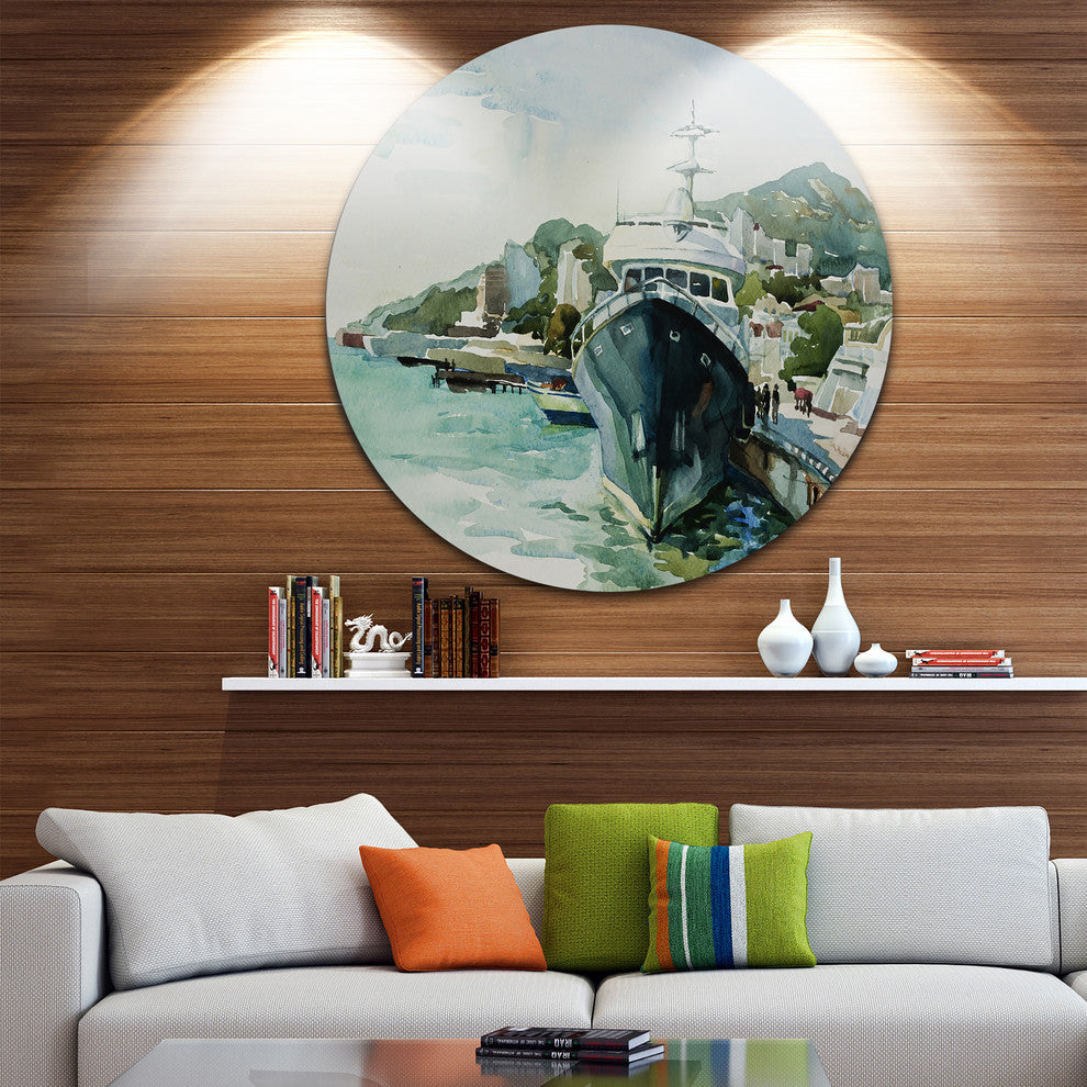 Yacht In Port Yalta, Landscape Round Wall Art, 36"