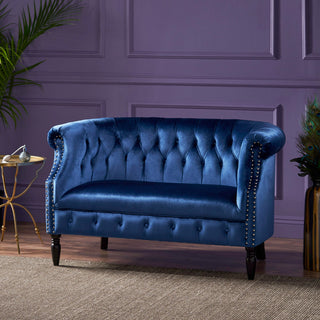 GDF Studio Melaina Tufted Scroll Arm New Velvet Loveseat, Navy Blue