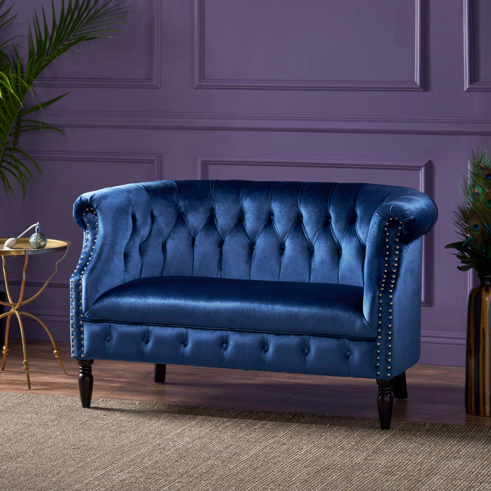 GDF Studio Melaina Tufted Scroll Arm New Velvet Loveseat, Navy Blue