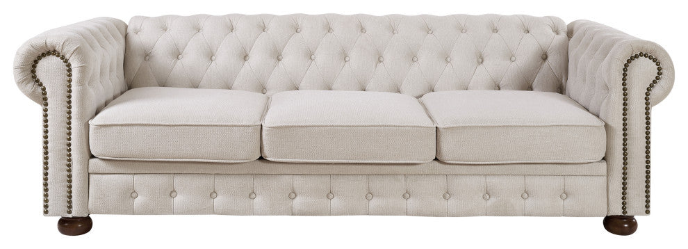 TATEUS linen fabric Chesterfield Large sofa Modern 3 Seater Couch  Beige
