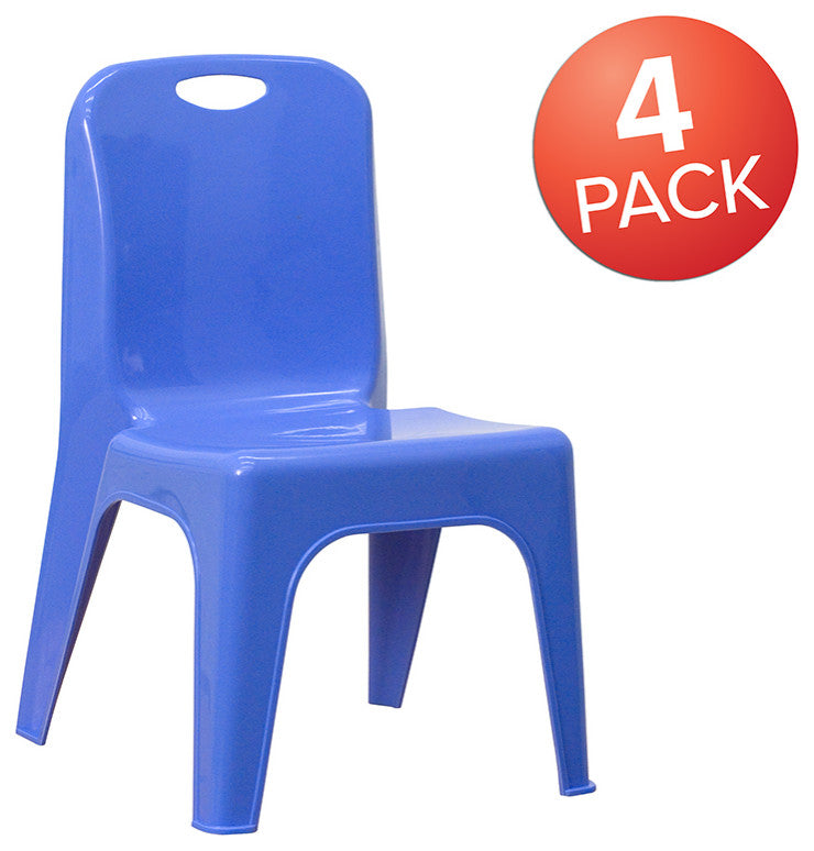 4 Pack Plastic Stackable Chair With Carrying Handle, 11" Seat Height, Blue