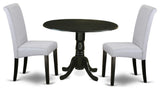 3Pc Small Round Table, Grayish Blue Fabric Kitchen Chairs, Black Chair Legs