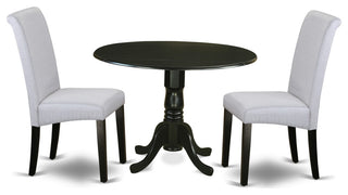 3Pc Small Round Table, Grayish Blue Fabric Kitchen Chairs, Black Chair Legs