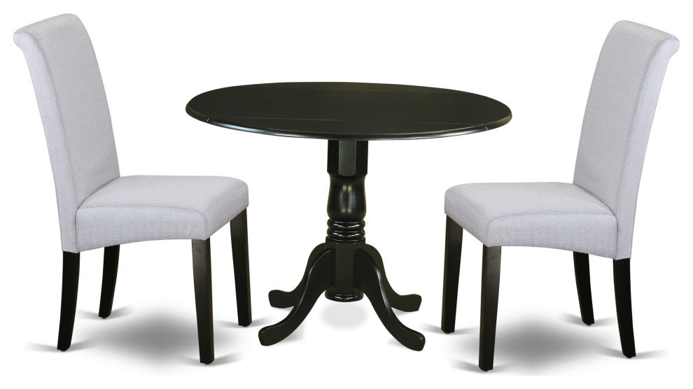 3Pc Small Round Table, Grayish Blue Fabric Kitchen Chairs, Black Chair Legs