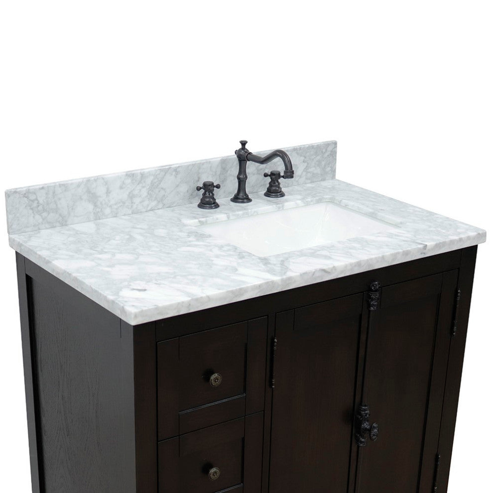 37" Vanity, Brown Ash With White Carrara Top, Right Doors/Right Rectangle Sink