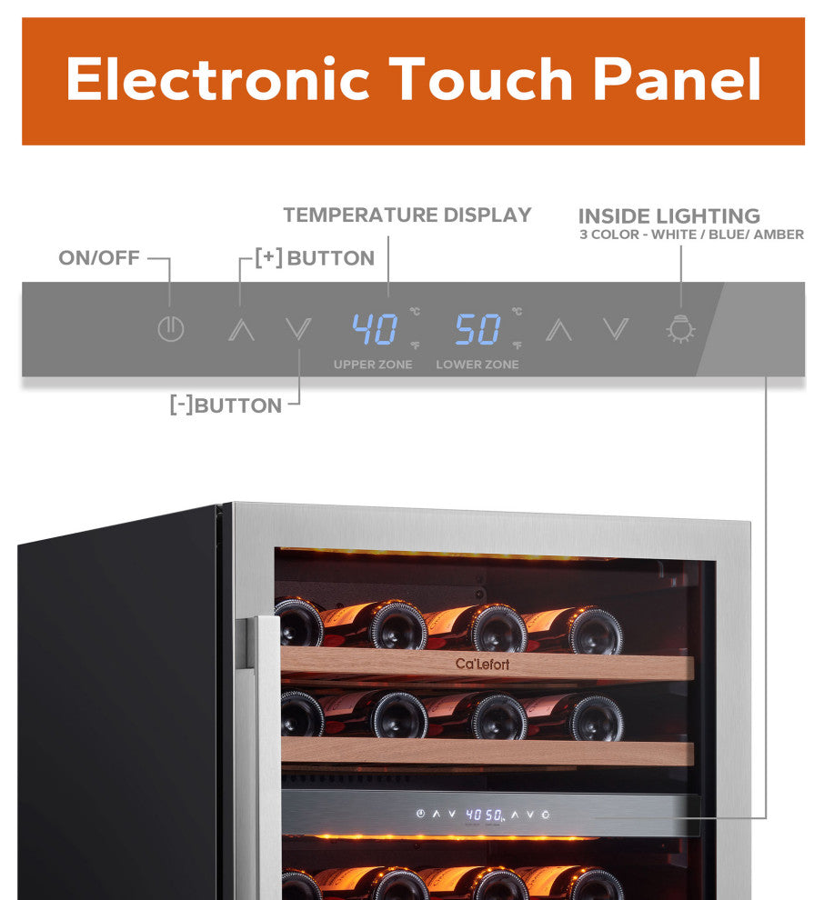 Ca"™Lefort 24" Wine Fridge: 46 Bottle Dual Zone Cooler, 40-65Â°F, Glass Door