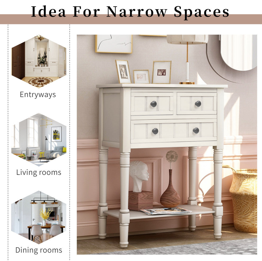 TATEUS Modern Narrow Console Table With Three Storage Drawers, Ivory White