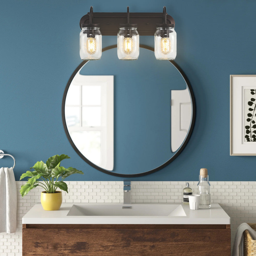 Gaines 19.3" 3-Light Farmhouse Mason Jar LED Vanity, Oil Rubbed Bronze/Clear