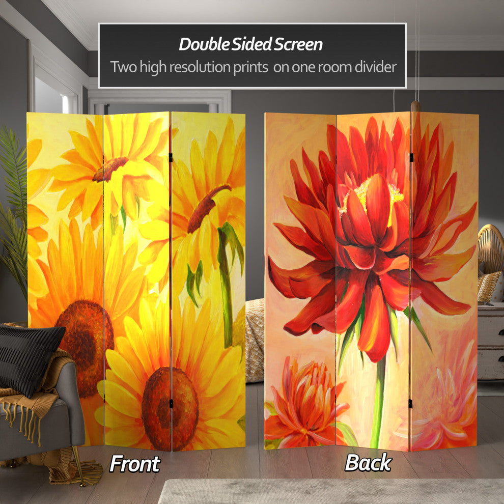 6' Tall Double Sided Poppies and Sunflowers Canvas Room Divider