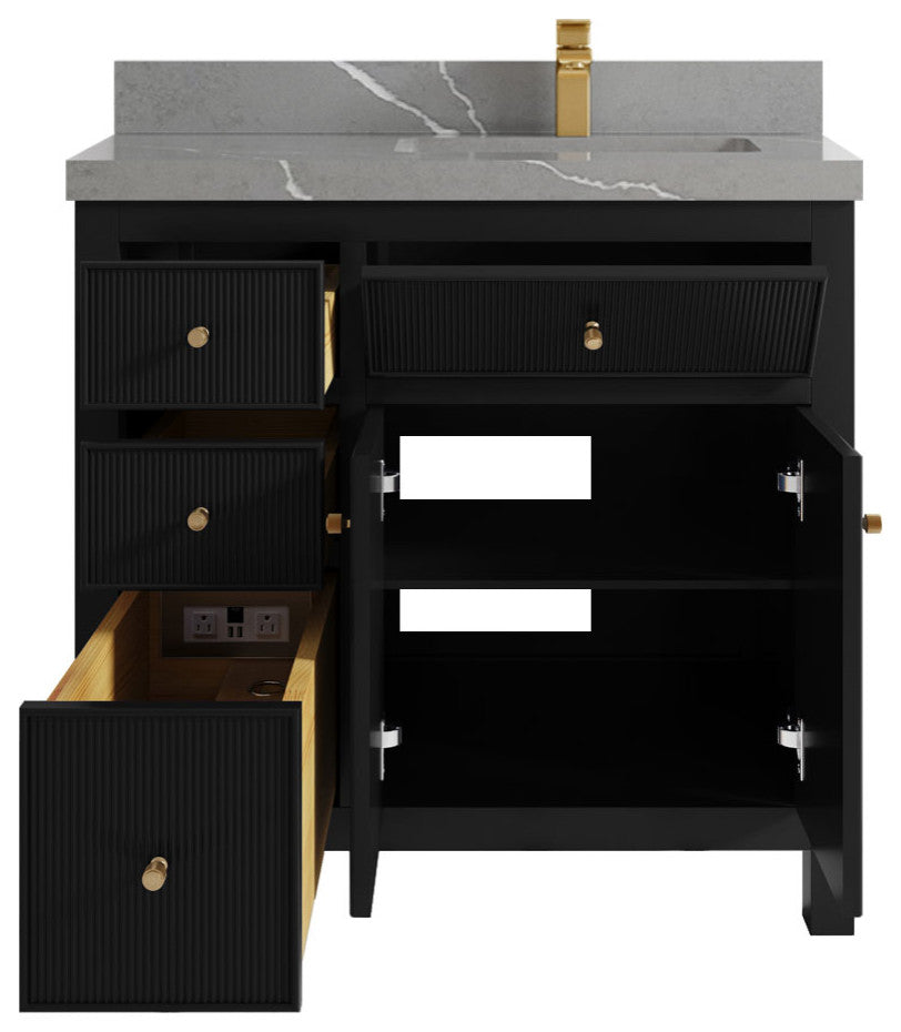 Sonoma 36 Right Offset Reeded Bath Vanity in Black 2" Piatra Gray