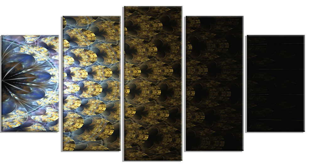 Symmetrical Gold Fractal Flower, Contemporary Wall Art Canvas, 60"x32", 5 Panels