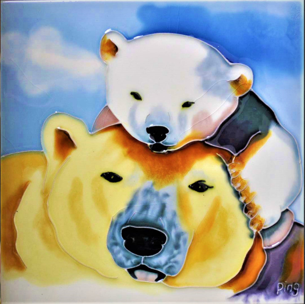 8x8" Mom and Baby Polar Bear Ceramic Art Tile Hand Painted Trivet Hot Plate