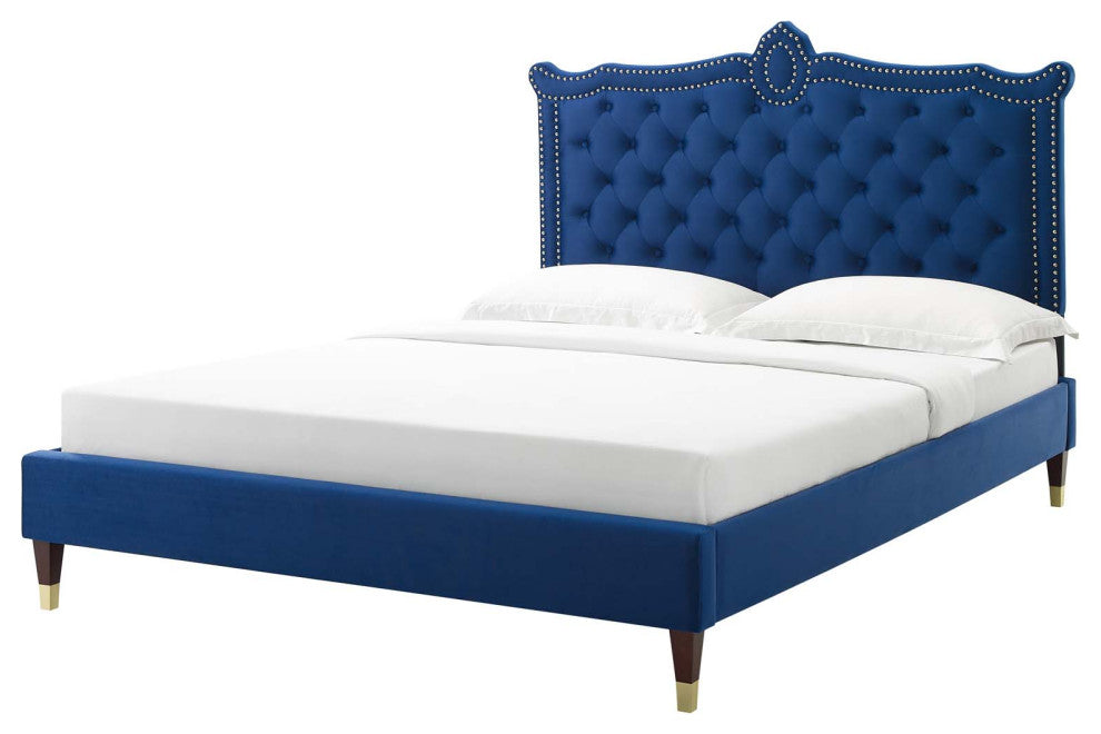 Platform Bed Frame, Nailhead, Queen Size, Blue Navy, Velvet, Modern