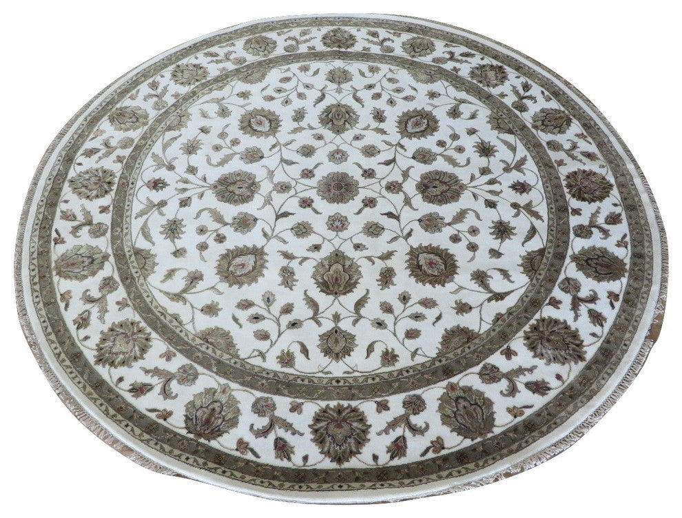 10x10 Round Handmade Ivory Tabriz With Silk Oriental Rug