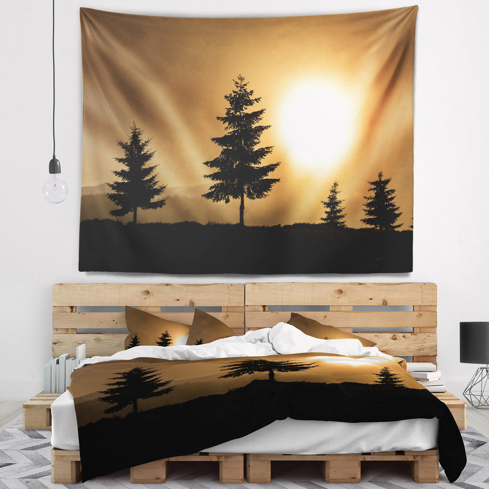 Bright Sunrise Tree Silhouette Landscape Wall Tapestry, 92"x78"