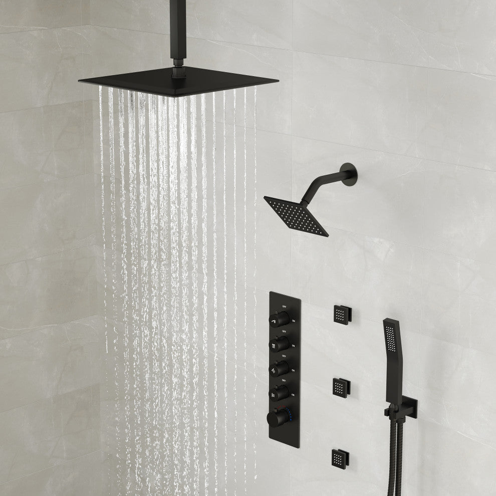 Dual Shower Heads 16" Thermostatic Shower System With Body Jets, Matte Black