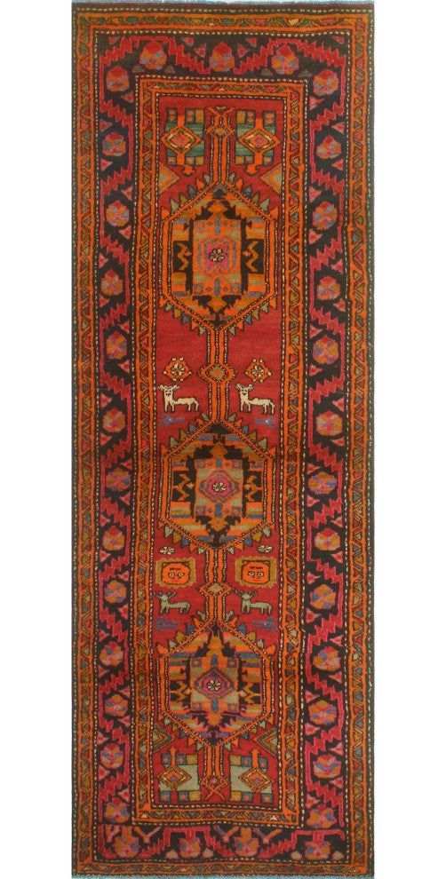 Fine Vintage Distressed Musad Red/Charcoal Runner, 3'7x10'9