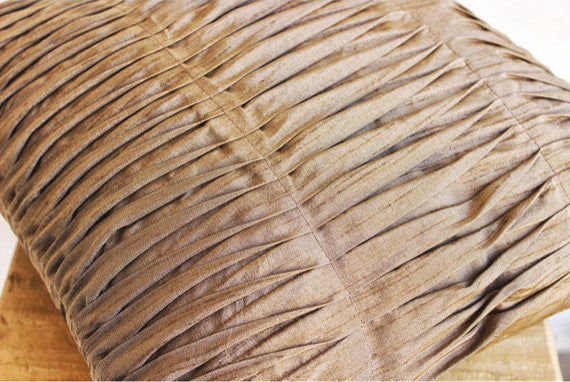 Brown Art Silk 16"x16" Textured Pintucks Pillows Cover, Champagne Brown Waves