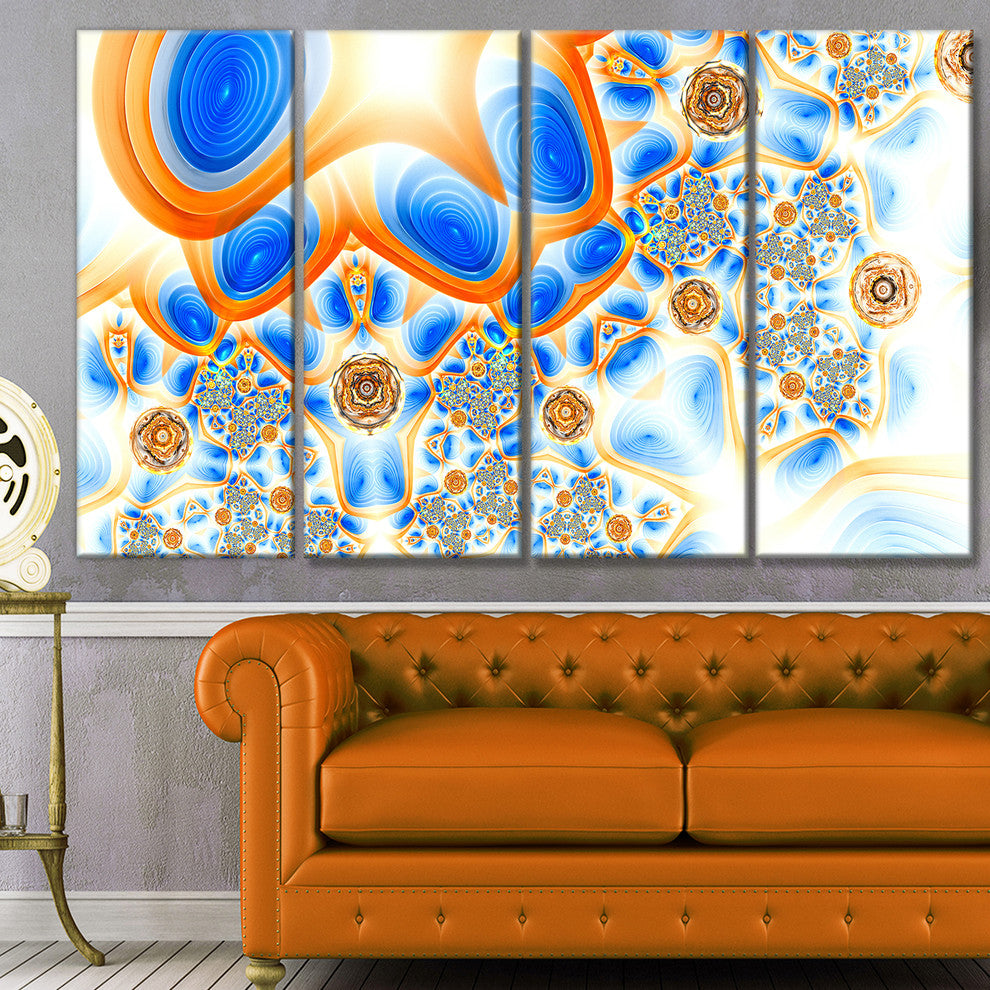 Yellow Blue Exotic Pattern, Abstract Wall Art Canvas, 48"x28", 4 Panels