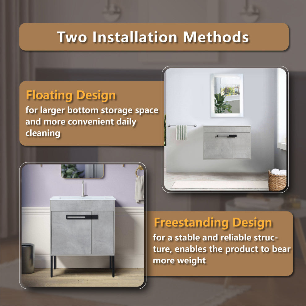 Freestanding/Floating Bathroom Vanity With white Ceramics Top, Grey, 30"