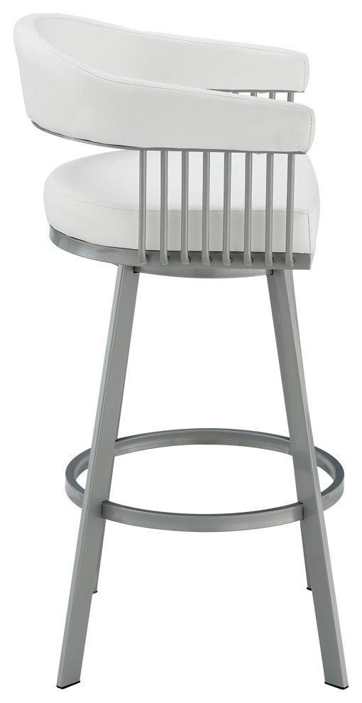Chelsea 26" Swivel Bar Stool in Silver Finish and White Faux Leather