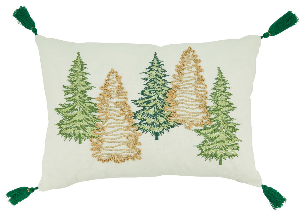 Throw Pillow With Christmas Trees Design, Green, 12"x18", Cover Only