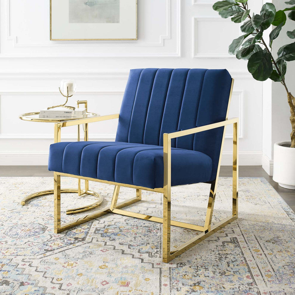 Tufted Armchair Accent Chair, Velvet, Blue Navy, Modern, Lounge Hospitality