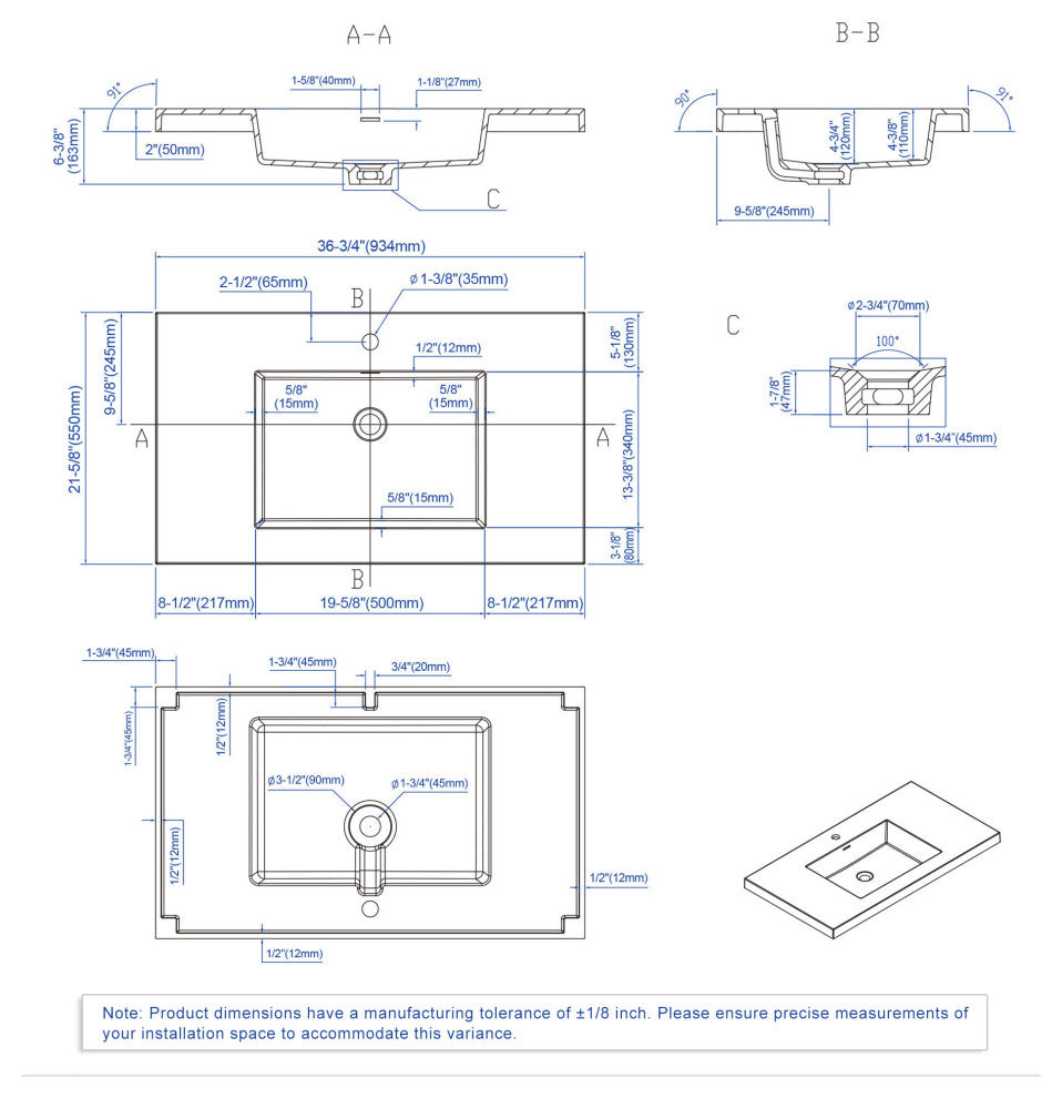 Dowell 22" FTB Resin Bathroom Vanity Basin, White, 36wx22dx6h