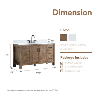 Javier Bath Vanity, Composite Stone Top, Antique Gray, 60", Single Vanity, No Mirror