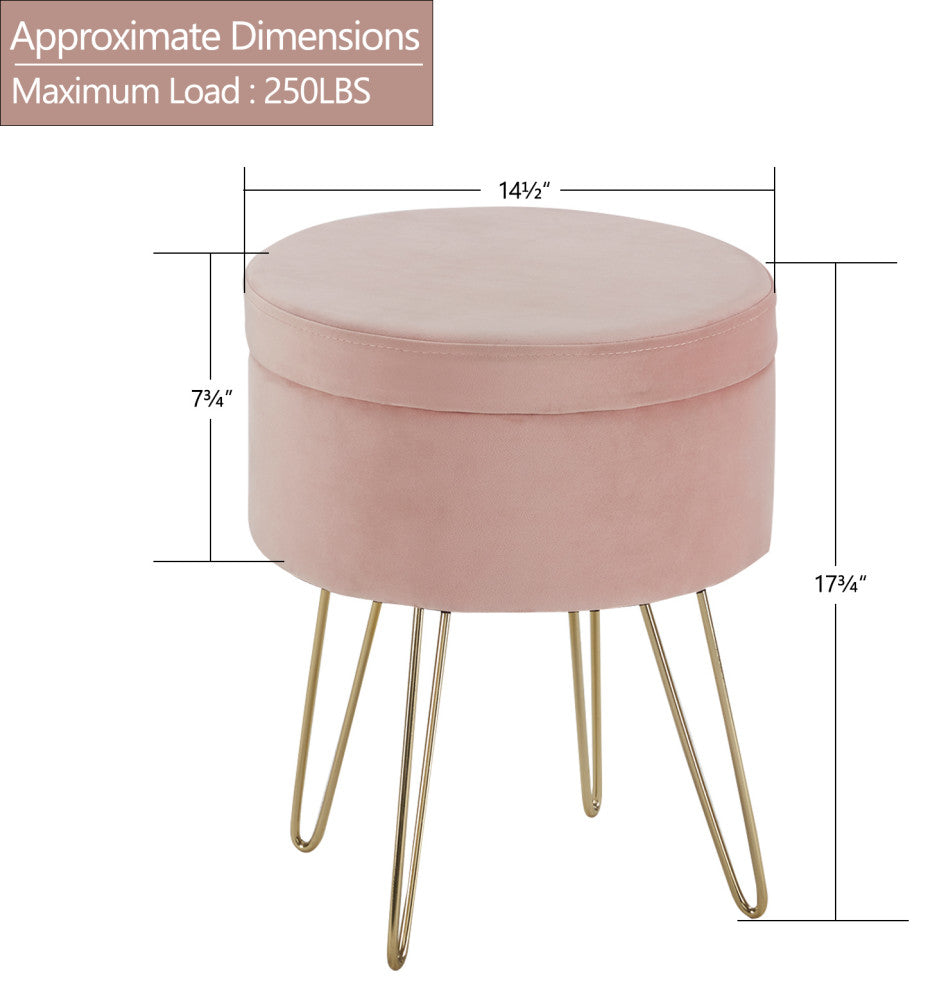 Round Storage Velvet Vanity Stool with Removable Lid, Pink