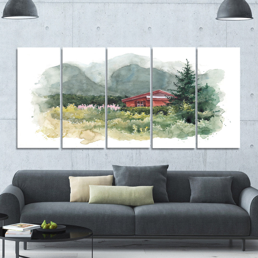 Watercolor House Aad Mountains, Landscape Canvas Art Print, 60"x28", 5 Panels