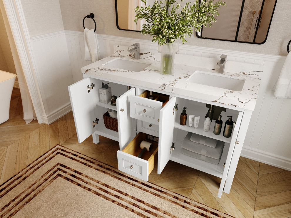 Nashville 60" Double Bathroom Vanity, White 2" Calacatta Sienna