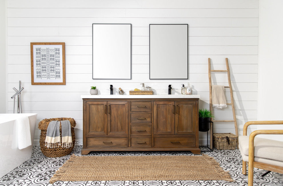 Charlotte Teak Wood Vanity, Distressed Gray, Empira Quartz, 72"