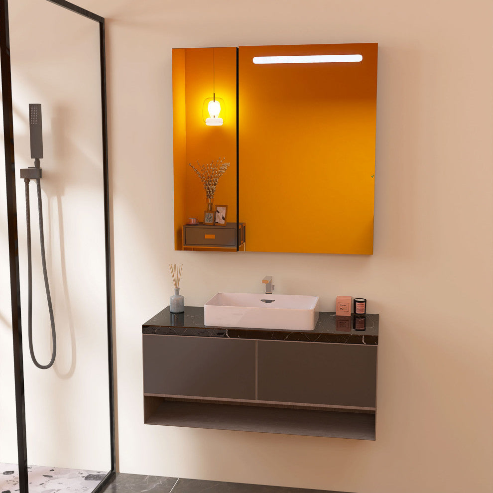 30" Aluminum Surface Mount 2-door Medicine Cabinet with Mirror and LED Lighted