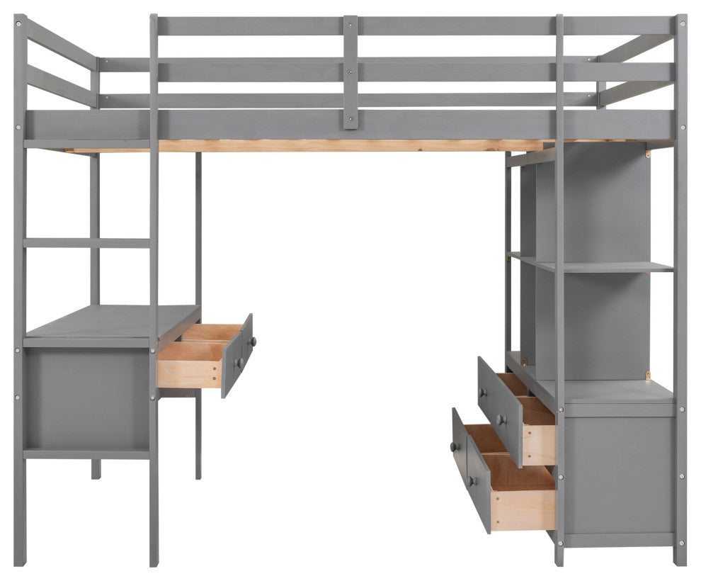 Gewnee Full Size Loft Bed with Built-in Desk with Two Drawers in Gray