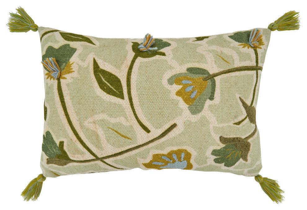 Poly Filled Throw Pillow With Embroidered Large Floral Design, 16"x24", Green