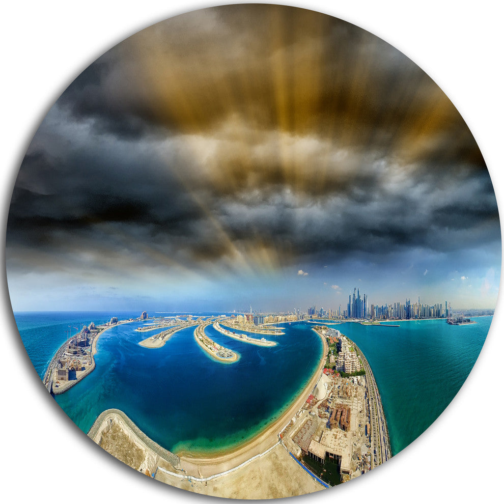 Dubai Jumeirah Palm Aerial View, Seascape Photo Disc Metal Artwork, 11"