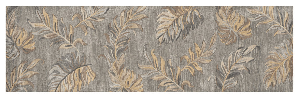 2' X 8' Grey Palm Leaves Wool Runner Rug