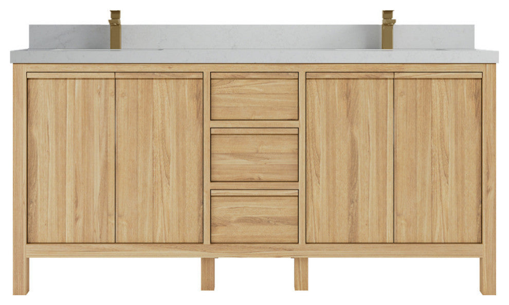 Elizabeth 72 Double Sink Bath Vanity in Light Natural Teak 2" Carrara Quartz