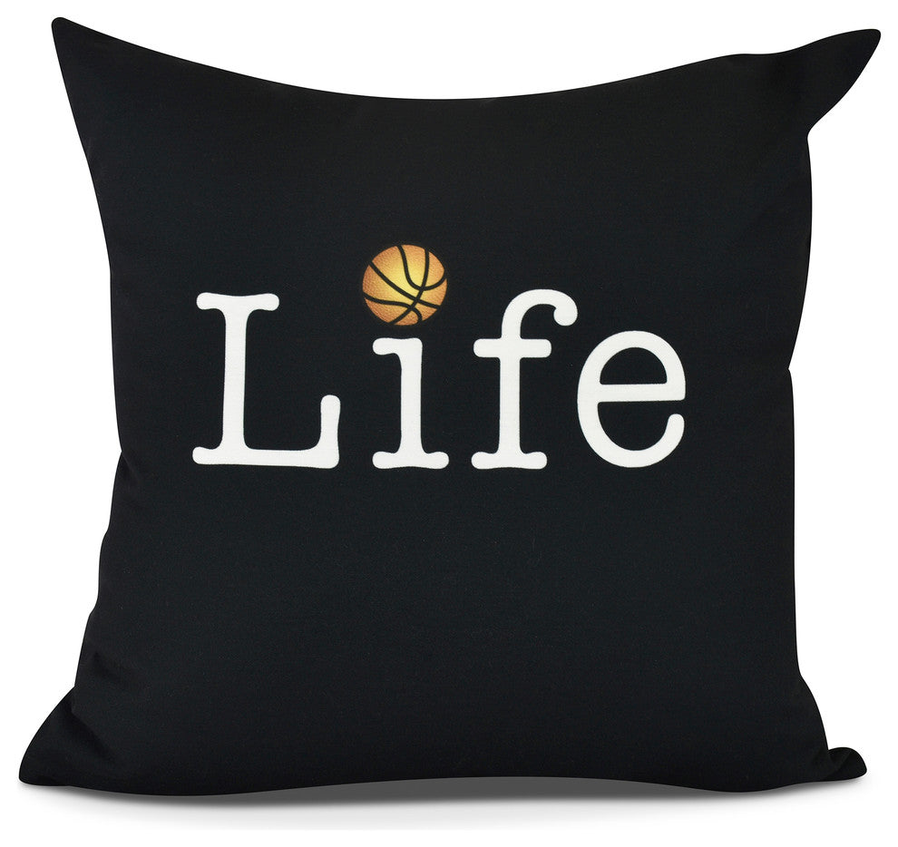 Life + Ball, Word Print Pillow, Black , 16" x 16"